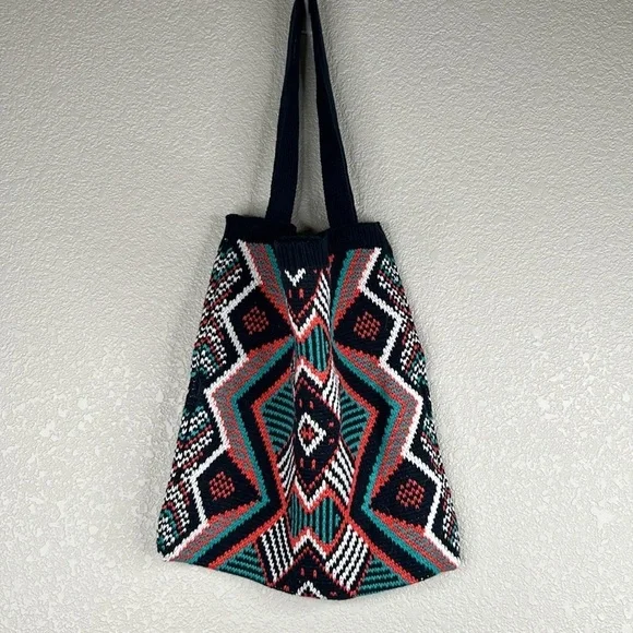 Bohemian Boho Blue Geometric Tribal Pattern Knitted Shoulder Bag New without tag - Picture 3 of 8